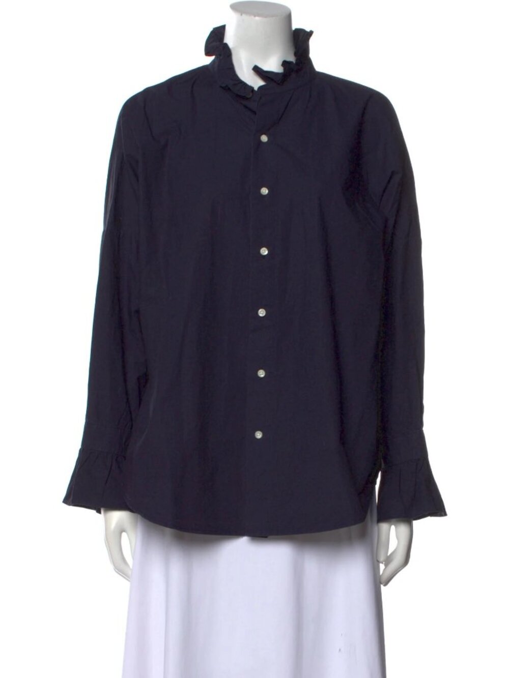 Alex Mill Ruffle Neck Long Sleeve Button-Up Shirt (Navy)